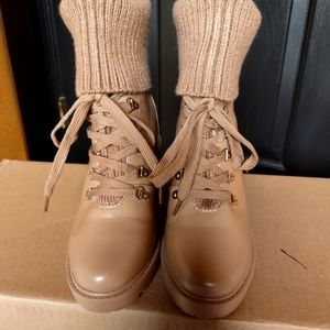 Tan ankle booties, sz 8.5. Lace up with cuff.  JustFab